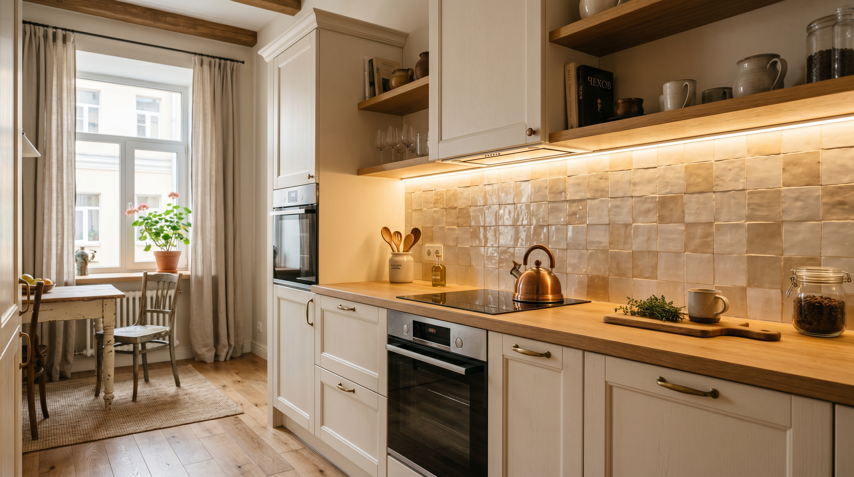 Светлая, уютная кухня с современным качественным ремонтом и подсветкой.