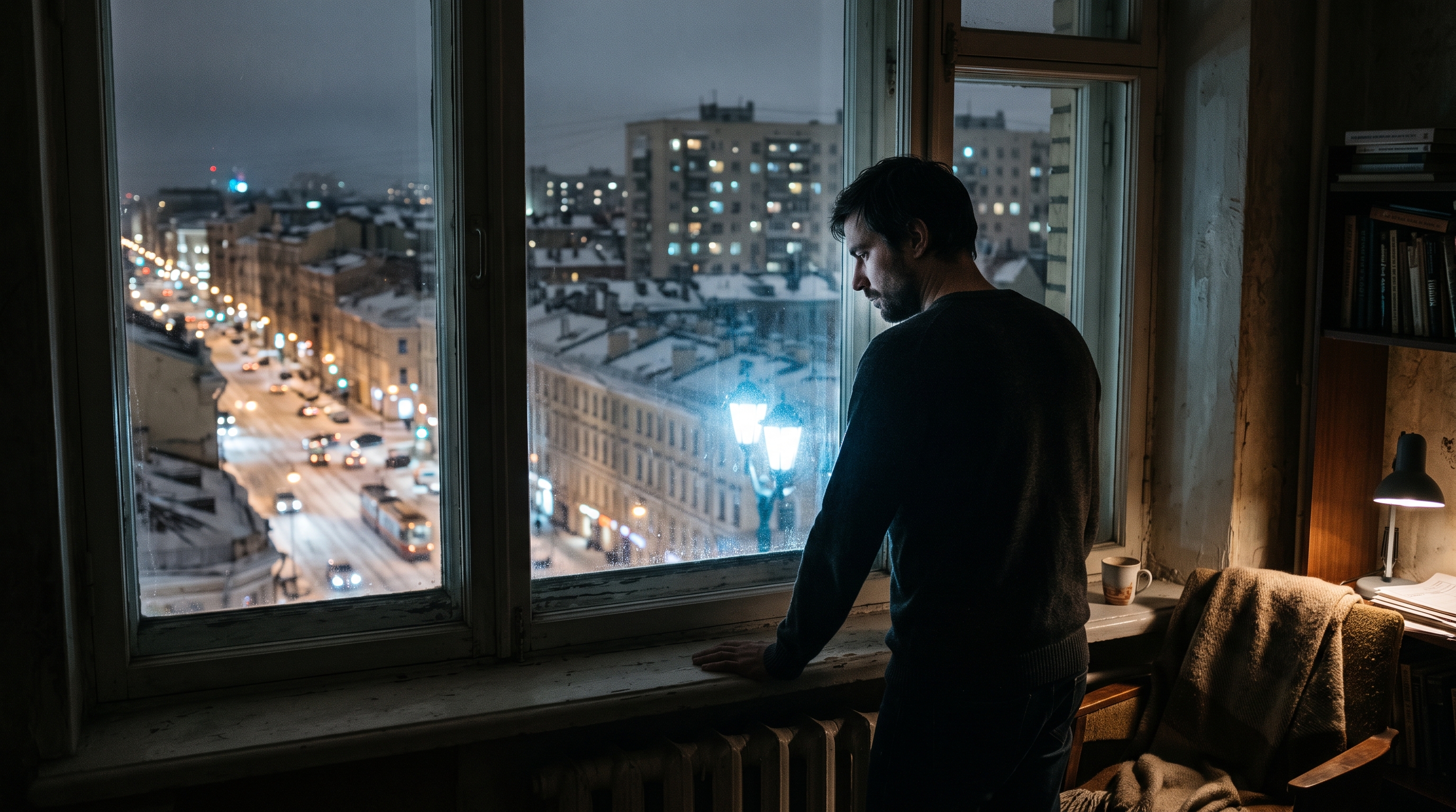 Дмитрий задумчиво смотрит в окно квартиры вечером, размышляя о рисках перед внесением аванса.